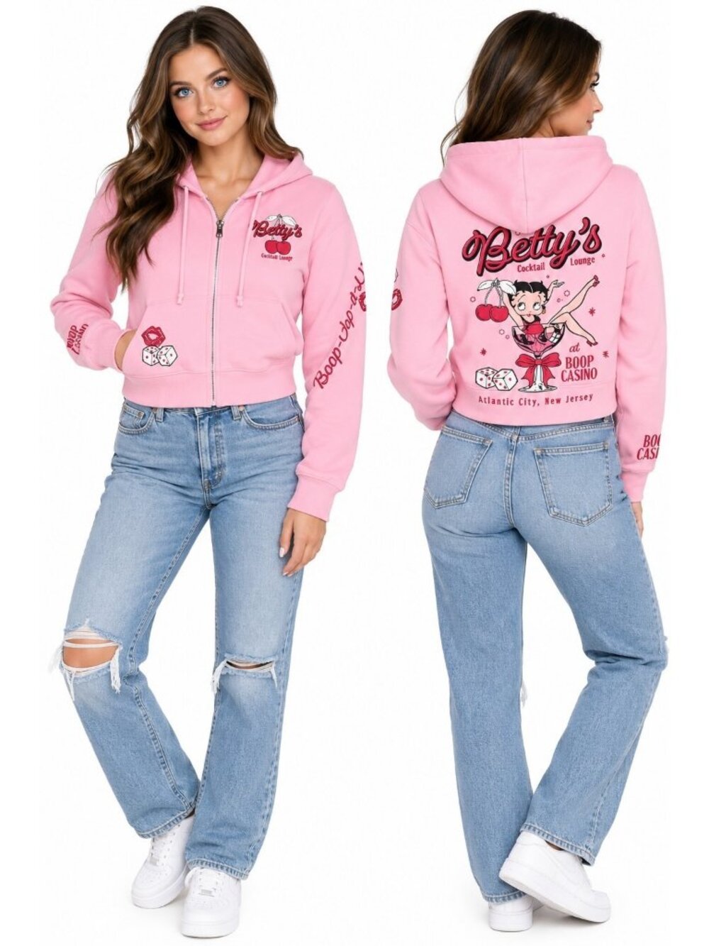 Betty Boop Bettys Casino Lounge Pink Cropped Zip Hoodie Womens Medium NWT AC